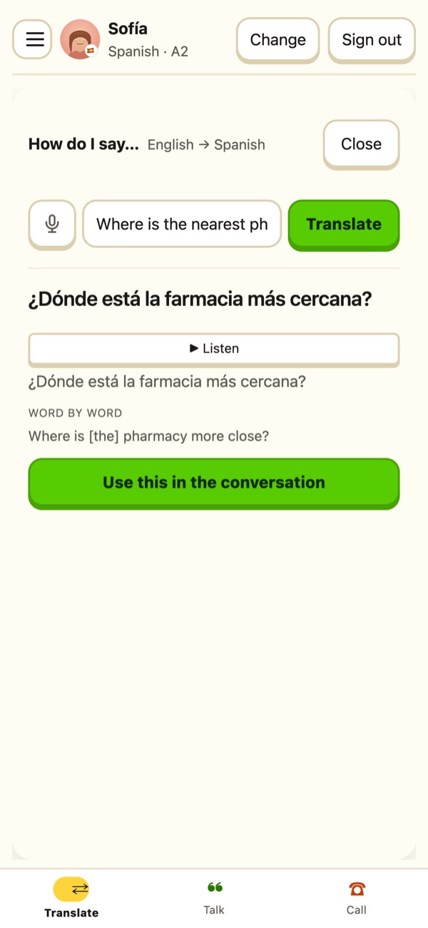 The Translate panel in mon-omon turning “Where is the nearest pharmacy?” into Spanish with a word-by-word breakdown